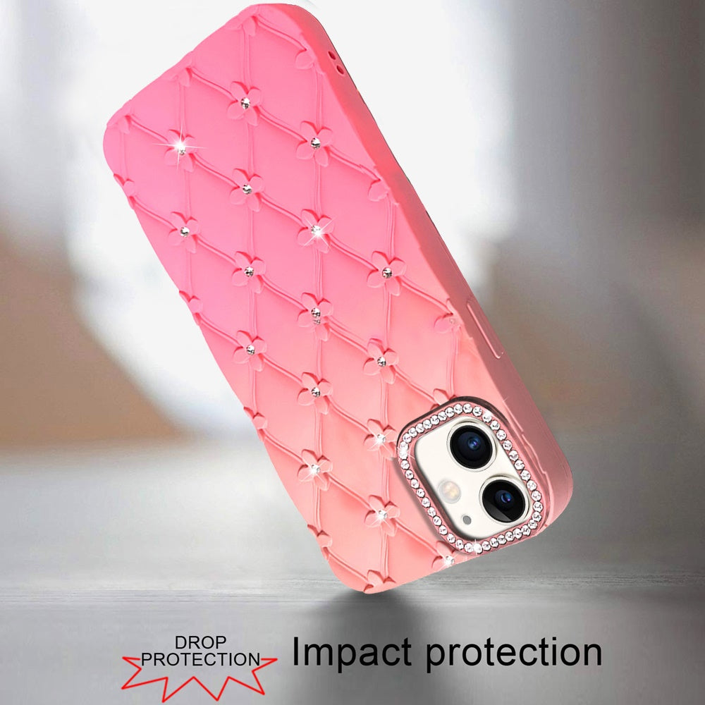 For Apple iPhone 11 Fashion Flower Design Sparkle Glitter Shimmer Rhinestone Bling Floral Accents, Leather Texture TPU Case Cover Orange /Pink