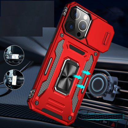 Phone Case for iPhone 15 Tough Metal Ring Shockproof Sliding Camera Window Hybrid Armor Rugged Anti Slip Heavy Duty Grip Cover Red