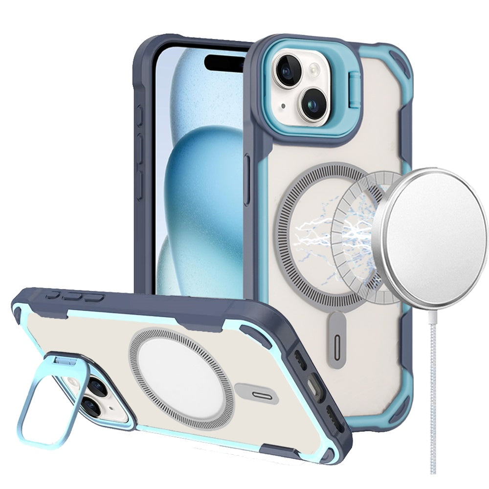 For Apple iPhone 15 Magnetic Circle Hybrid with Camera Stand, Compatible with MagSafe, Shockproof Protective Case Cover