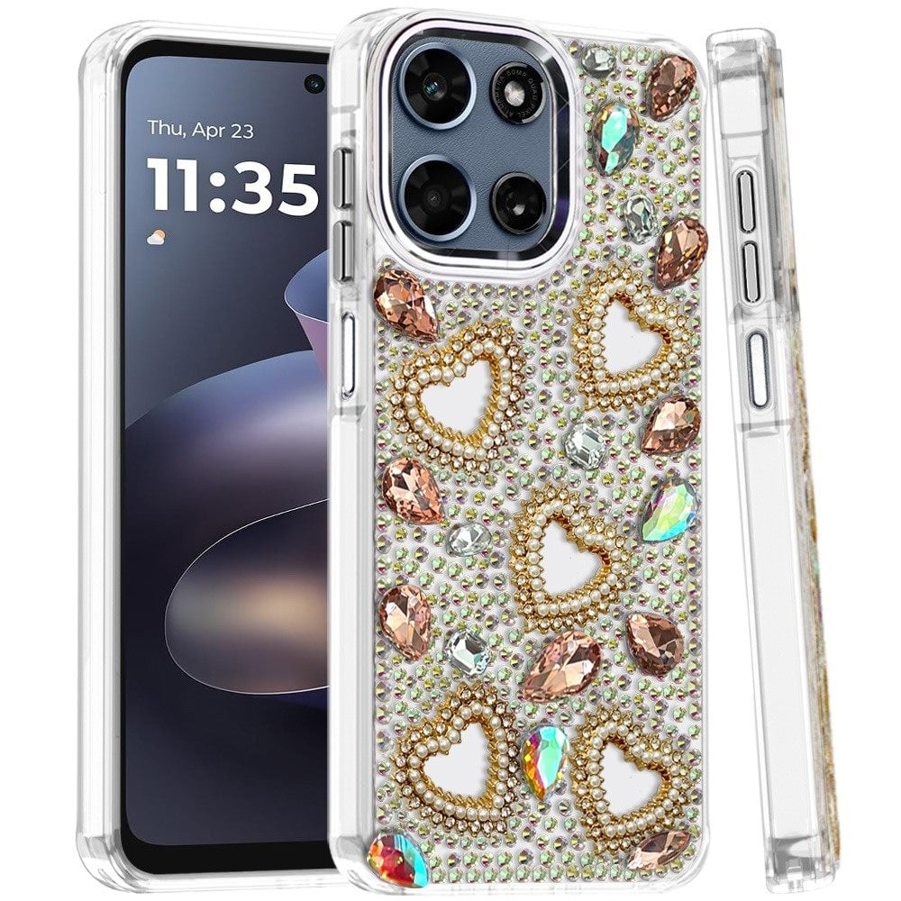 Phone Case for Motorola Moto G Play 5G 2026 Luxury Crystal Heart Rhinestone Diamond Bling Shockproof Hybrid Glitter Protective Stylish Durable Grip Cover