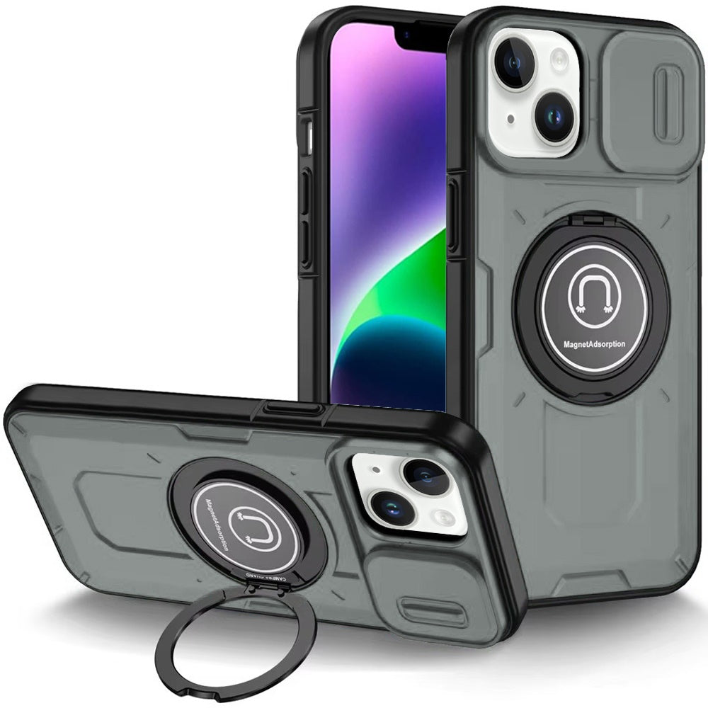 For Apple iPhone 16 Plus (6.7") Build in Invisible Magnetic Ring Stand with Slide Camera Protector, fit Magnetic Car Mount [Compatible with MagSafe] Case Cover