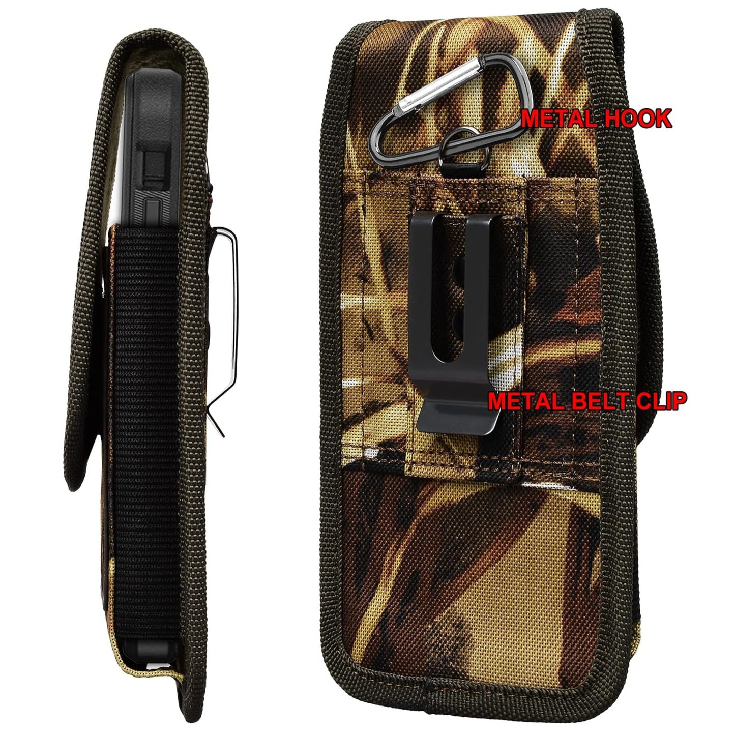 For Apple iPhone 16 Plus (6.7") Vertical Camouflage Nylon Canvas Holster Universal Cell Phone Pouch Velcro Closure with Credit Card Slot & Belt Clip Loop Carabiner [Hunting Camo]