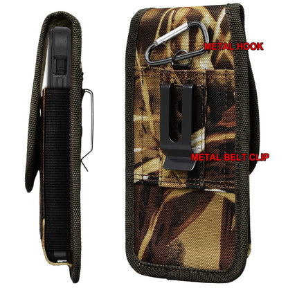 For Apple iPhone 16 Plus (6.7") Vertical Camouflage Nylon Canvas Holster Universal Cell Phone Pouch Velcro Closure with Credit Card Slot & Belt Clip Loop Carabiner [Hunting Camo]