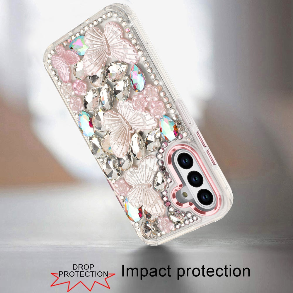 For Samsung Galaxy S25+ /S25 Plus /S24+ Plus 3D Diamond Floral Butterfly Bling Stone Hybrid, Sparkly Rhinestone Gemstone Back Shockproof Case Cover