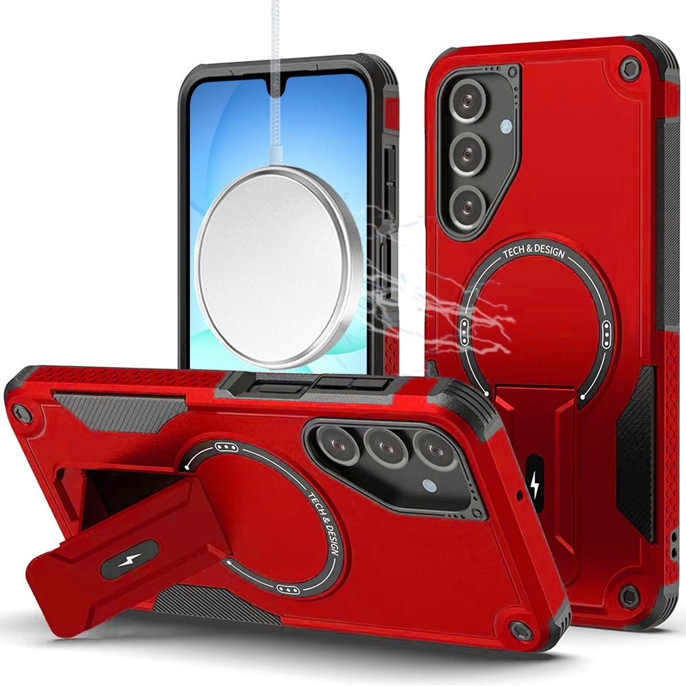 Phone Case for Galaxy A17 5G Magnetic Kickstand Rugged Shockproof Armor Grip Anti Slip Heavy Duty Protective Matte Stand Hybrid Cover Red