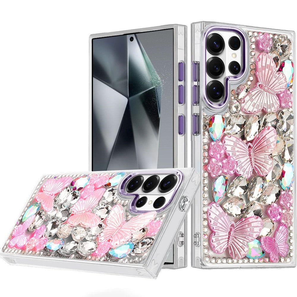 Phone Case for Samsung Galaxy S24 Ultra Luxury 3D Floral Butterfly Bling Rhinestone Glitter Shockproof Stylish Protective Hybrid Designer Metallic Cover Purple