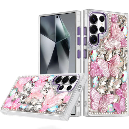 Phone Case for Samsung Galaxy S24 Ultra Luxury 3D Floral Butterfly Bling Rhinestone Glitter Shockproof Stylish Protective Hybrid Designer Metallic Cover Purple