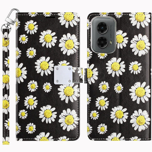 For Motorola Moto G 5G 2024 Wallet Card Holder Lanyard Magnetic Metal Closure Shockproof Protection Secure Grip ID Cash Storage Strap Carry Design Case Cover White Daisy Blossom Floral