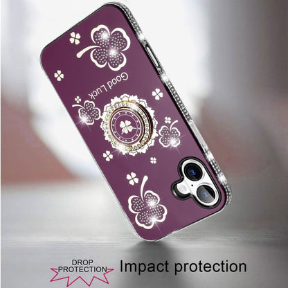 Phone Case for iPhone 16 Glitter Diamond Ring Stand Sparkle Rhinestone Edge AntiSlip Kickstand Luxury Fashion Bumper Shockproof Cover Red