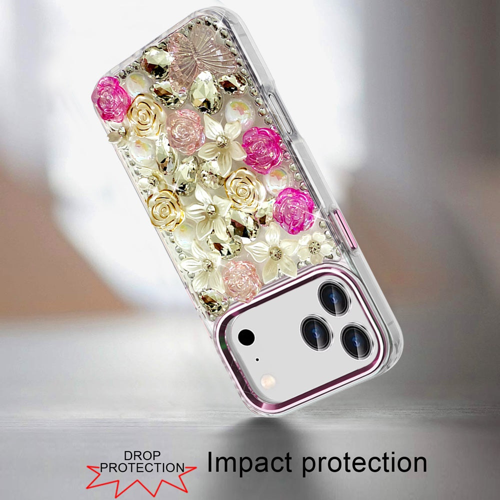 Phone Case for Apple iPhone 18 Pro Luxury Rose Bling Rhinestone Glitter Floral Hybrid Shockproof Stylish Protective Designer Ornament Sparkle Cover Pink