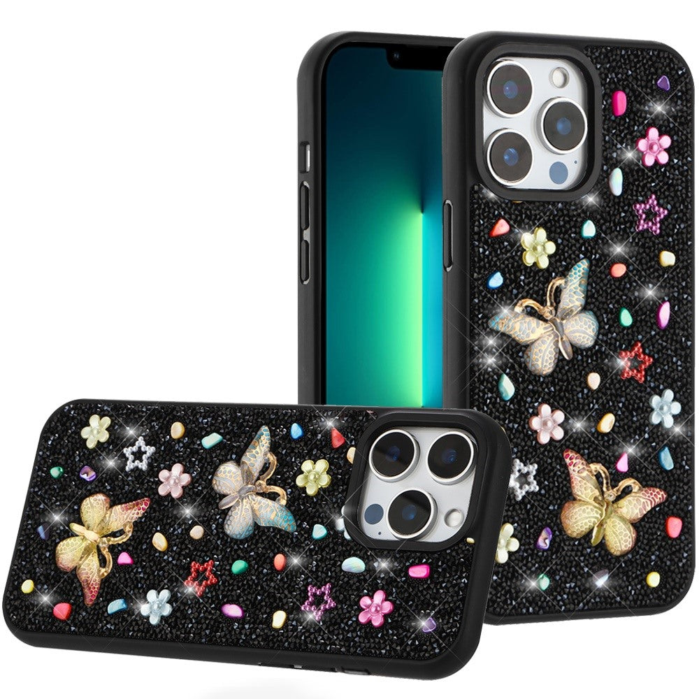 For Apple iPhone 13 Pro Max Diamond Butterfly 3D Glitter Bling Design, Slim Hybrid Sparkle Protective Cover TPU for Women Girls Case Cover