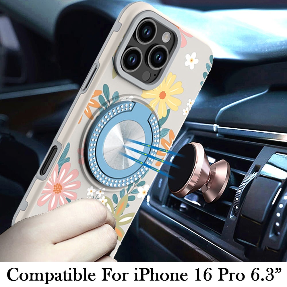 For Apple iPhone 16 Pro Pattern Design Hybrid with Invisible Ring Stand & Magnetic Back, Shockproof Protective Grip Case Cover