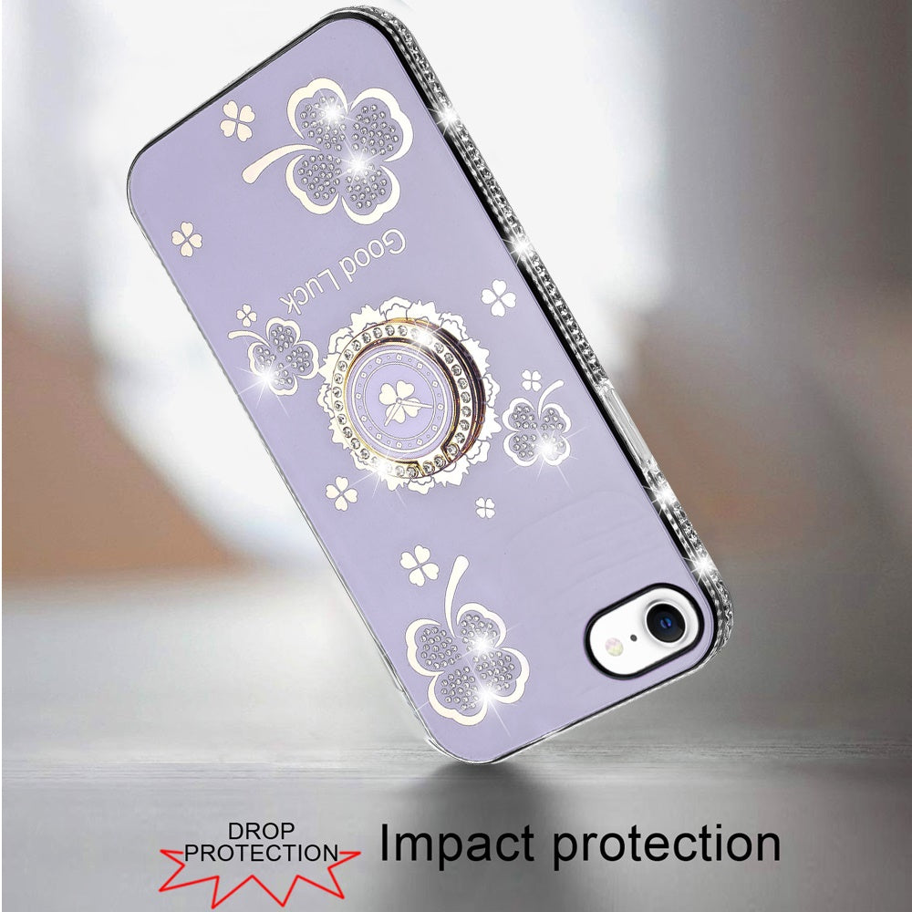 For Apple iPhone 16e Diamonds Bling All Around Edges Sparkly Glitter Hybrid with Ring Stand Holder Fashion Good Luck Case Cover