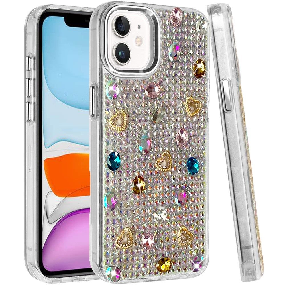 Phone Case for Apple iPhone 11 Chrome Fashion Hybrid Bling Diamond Heart Rhinestone Decorative Stones Sparkling Embellished Design Cover
