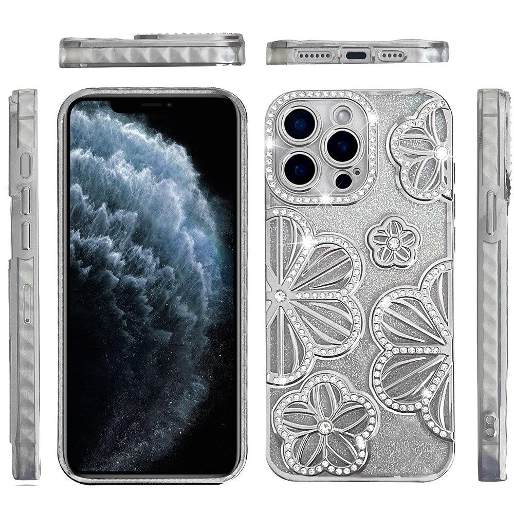 For Apple iPhone 11 Pro Max Luxury Flower Design Sparkle Glitter Diamond Rhinestone Shimmer Bling Plating Thick TPU Hard PC Case Cover
