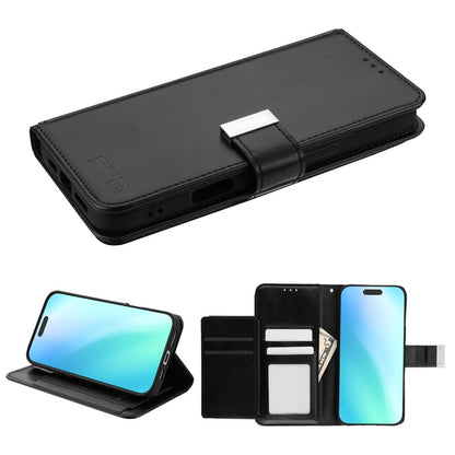 For Leather Wallet Folio Case with Credit Card Slots Pouch Cover for Apple iPhone 16 - Black Case Cover Black
