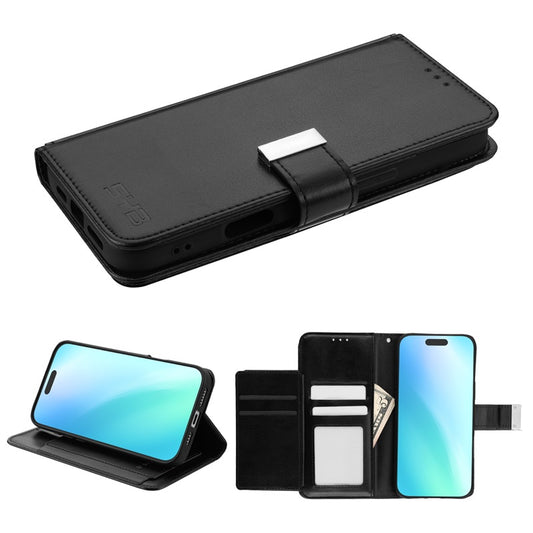 For Leather Wallet Folio Case with Credit Card Slots Pouch Cover for Apple iPhone 16 - Black Case Cover Black