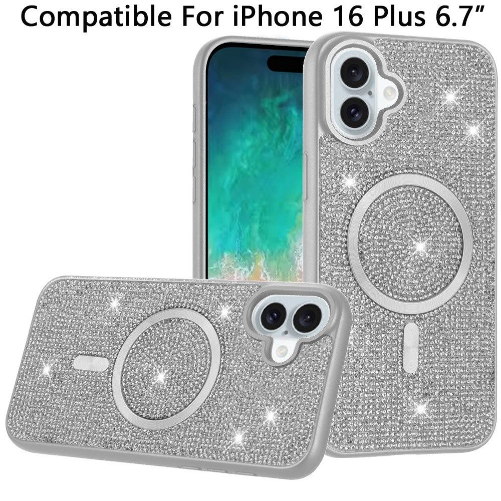 Phone Case for Apple iPhone 16 Plus Magnetic Bling Diamond Sparkle Hybrid Shockproof Rugged Grip Durable Protection Anti-Slip Armor Design Cover