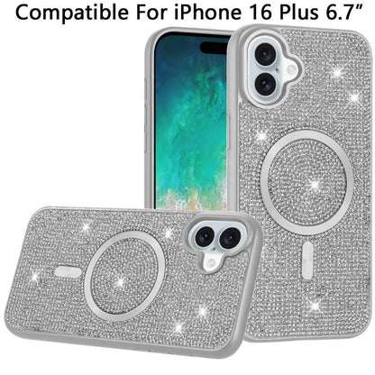 Phone Case for Apple iPhone 16 Plus Magnetic Bling Diamond Sparkle Hybrid Shockproof Rugged Grip Durable Protection Anti-Slip Armor Design Cover