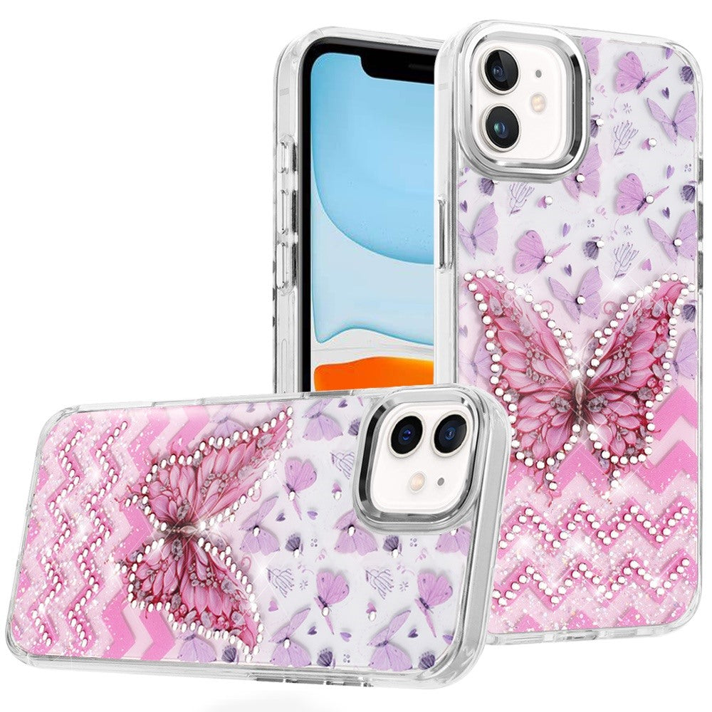 Phone Case for Apple iPhone 11 Butterfly Resin Epoxy Diamond Bling Metal Edge Shockproof Hybrid Luxury Protective Durable Stylish Fashion Grip Cover Light Pink