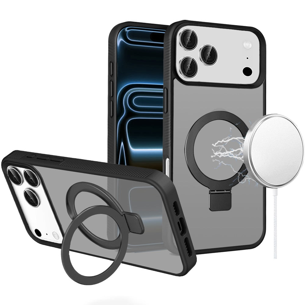 For Apple iPhone 17 Pro (6.3") Magnetic Circle Kickstand with MagSafe Compatibility, Matte Skin, Rugged Bumper, and Ring Holder Case Cover Black