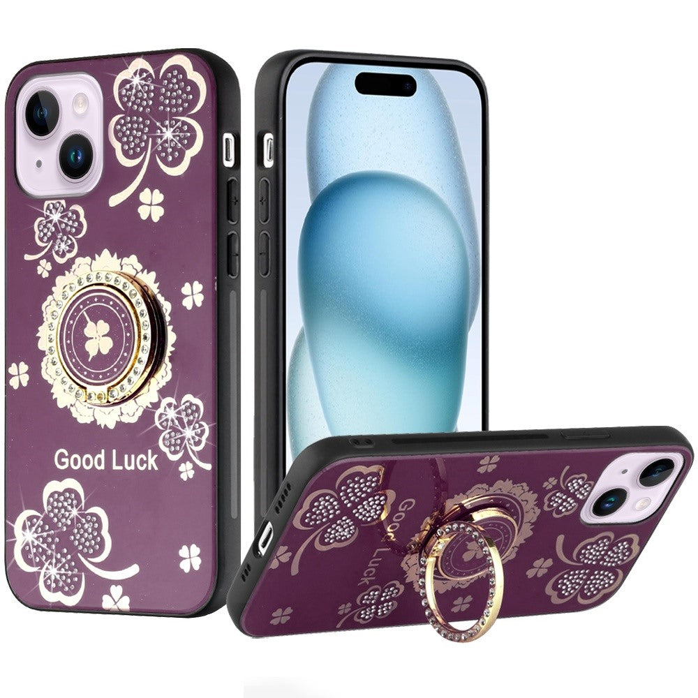 Phone Case for Apple iPhone 15 Diamond 3D Fashion Floral Glitter Engraved Luxury Bling Hybrid Shockproof Chrome Edge Protective Grip Cover Purple