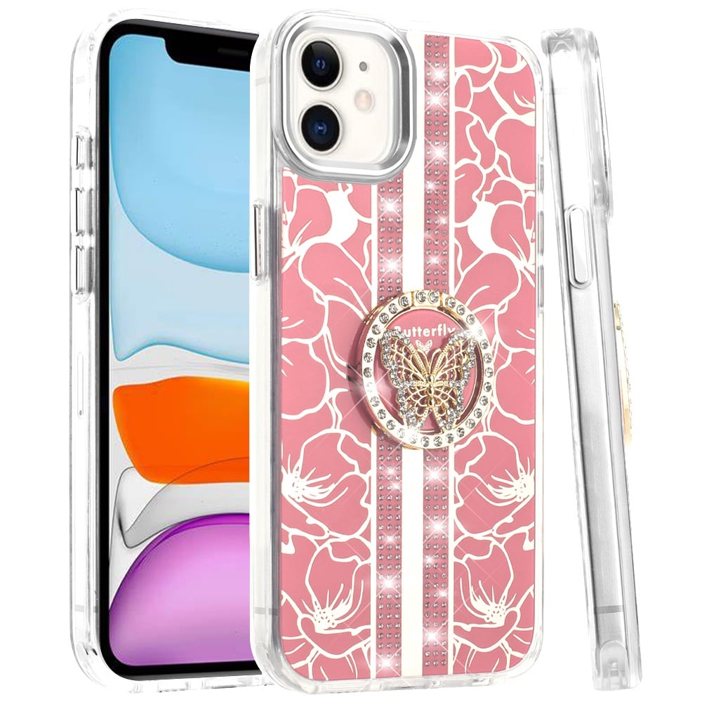 For Apple iPhone 11 Diamonds 3D Butterfly Floral Design Bling Sparkly Glitter Hybrid Metal Fashion with Ring Stand Case Cover