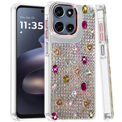 Phone Case for Motorola Moto G 5G 2026/ 2025 Chrome Fashion Hybrid Bling Diamond Heart Rhinestone Decorative Stones Sparkling Embellished Design Cover