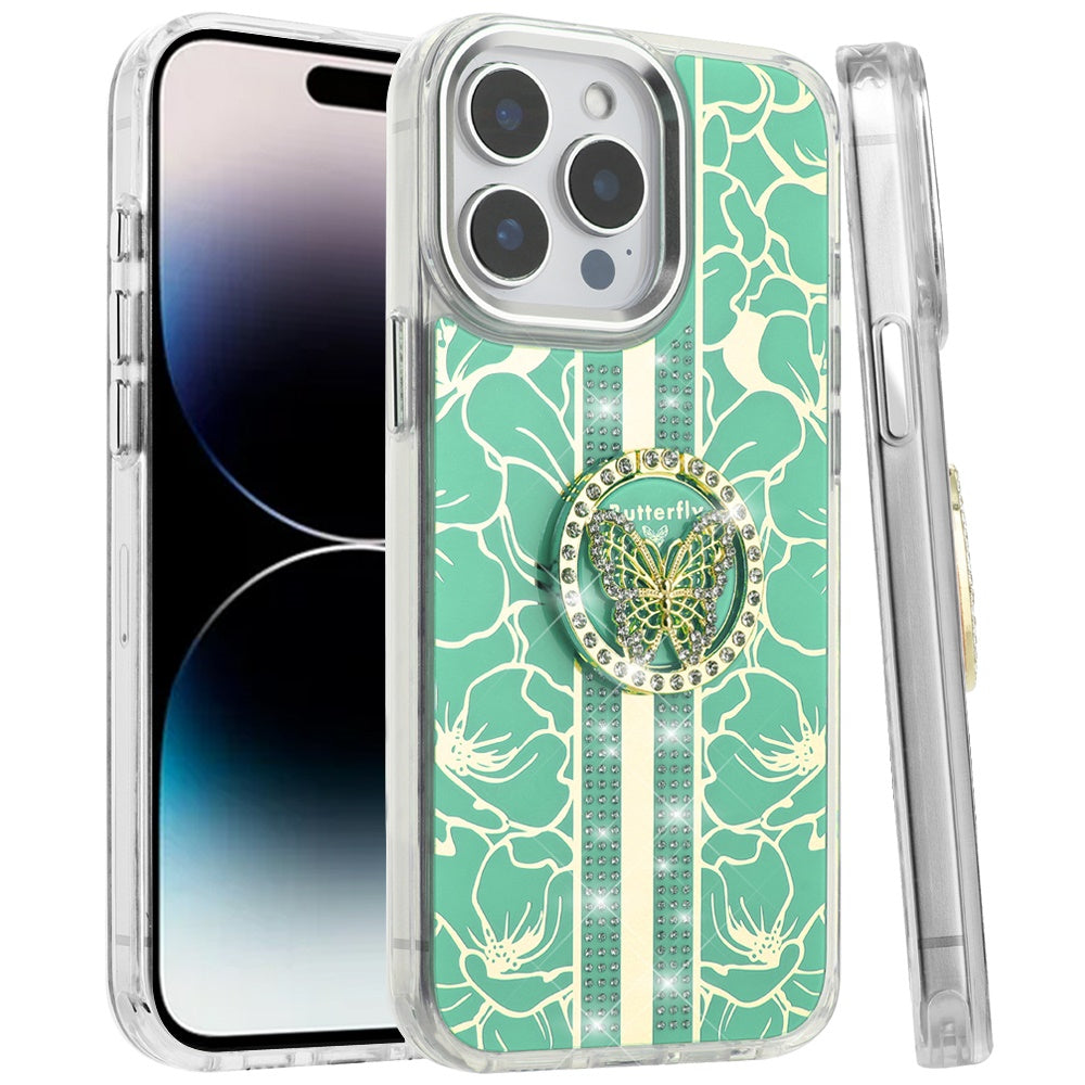 For Motorola Moto G Stylus 5G 2025 Diamonds 3D Butterfly Floral Design Bling Sparkly Glitter Hybrid Metal Fashion with Ring Stand Case Cover