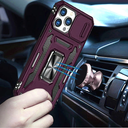 Phone Case for Apple iPhone 13 Pro Max Tough Metal Ring Shockproof Sliding Camera Window Hybrid Armor Rugged Anti Slip Heavy Duty Grip Cover Purple