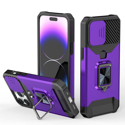 For Samsung Galaxy A16 5G Wallet Case with Ring Stand & Slide Camera Cover Credit Card Holder, Military Grade Hard Shockproof Case Cover Purple