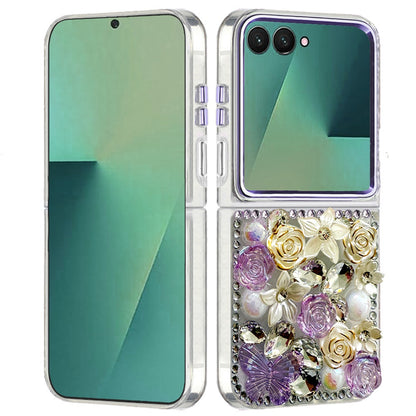 For Samsung Galaxy Z Flip 7 3D Diamond Floral Roses Flower Bling Stone Hybrid, Sparkly Rhinestone Gemstone Back Shockproof Case Cover