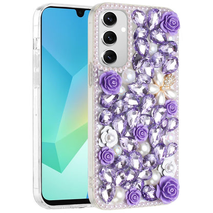 For Apple iPhone 17E /16E Fashion Rose Flower Floral, 3D Bling Crystal Full Diamonds Pearl Sparkle Rhinestone Glitter Hybrid Case Cover Purple