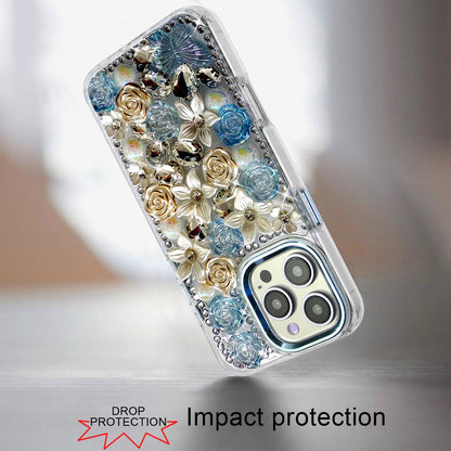 Phone Case for Apple iPhone 16 Pro Max Luxury Rose Bling Rhinestone Glitter Floral Hybrid Shockproof Stylish Protective Designer Ornament Sparkle Cover