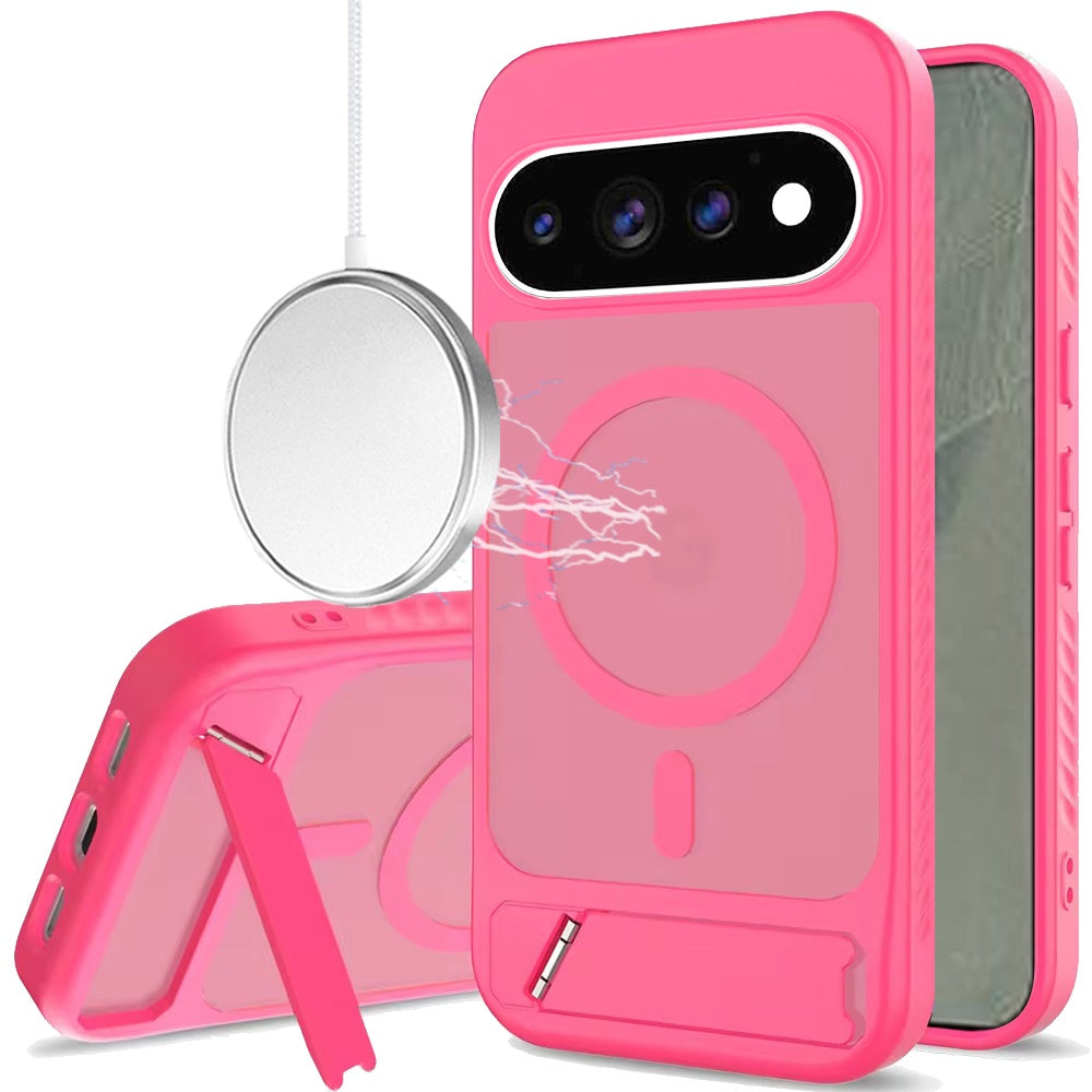 Phone Case for Google Pixel 11 Pro XL Matte Magnetic Metal Kickstand Shockproof Grip Anti Slip Durable Protective Heavy Duty Hybrid Cover Pink