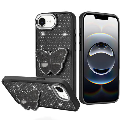 For Apple iPhone 17E /16E Butterfly Moveable Grip 3D Pop Stand Full Diamond Bling Sparkling TPU Fashion Hybrid Case Cover