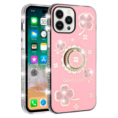 Phone Case for Apple iPhone 15 Glitter Diamond Ring Stand Sparkle Rhinestone Edge AntiSlip Kickstand Luxury Fashion Bumper Shockproof Cover Pink