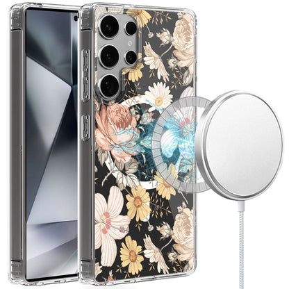 For Samsung Galaxy S25 Ultra Hybrid Flower Design Stylish Fashion Case, MagSafe Compatible, Thick Shockproof Hard PC Case Cover