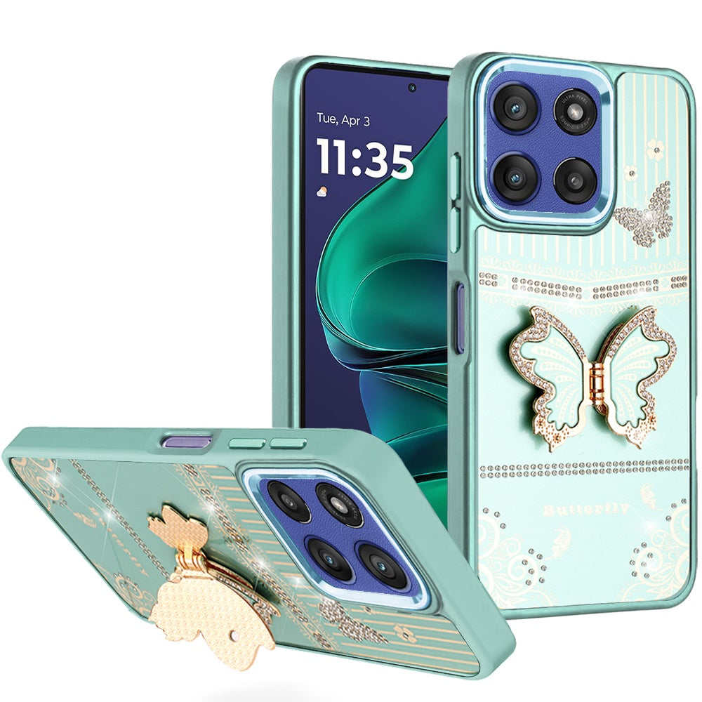 For Motorola Moto G Stylus 5G 2026 /2025 Glitter 3D Butterfly Design Bling Metallic Edge Hybrid Stand Drop Protection TPU Shockproof Case Cover