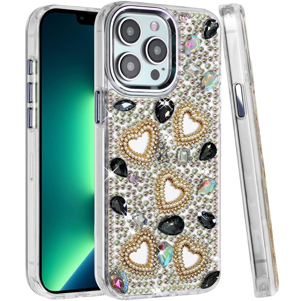 Phone Case for Apple iPhone 13 Pro Max Luxury Crystal Heart Rhinestone Diamond Bling Shockproof Hybrid Glitter Protective Stylish Durable Grip Cover