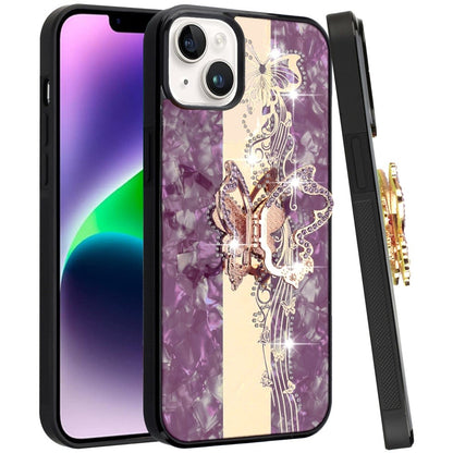 Phone Case for Apple iPhone 14 Diamond Glitter Butterfly Engraved Ring Stand Luxury Bling Hybrid Shockproof Chrome Edge Protective Durable Grip Cover Purple