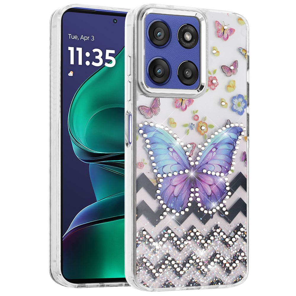For Motorola Moto G Stylus 5G 2026 /2025 Butterfly Resin Epoxy Diamond Design Metal Edged Hybrid Shockproof Heavy Duty Drop Protection Case Cover