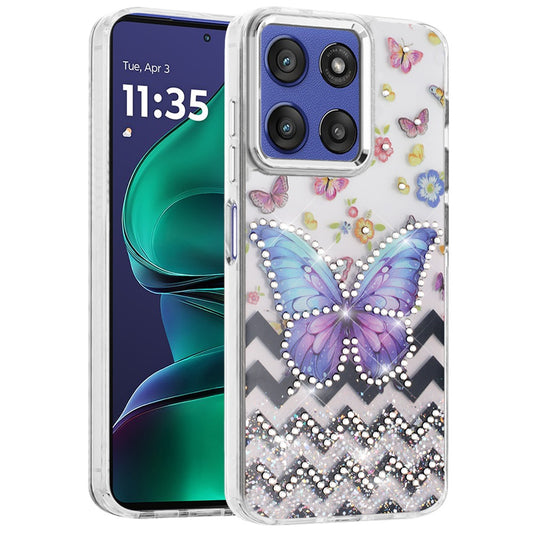 For Motorola Moto G Stylus 5G 2026 /2025 Butterfly Resin Epoxy Diamond Design Metal Edged Hybrid Shockproof Heavy Duty Drop Protection Case Cover