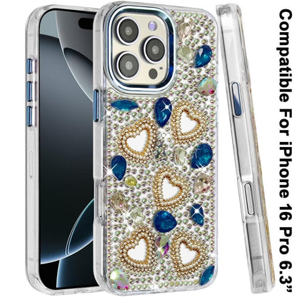 Phone Case for Apple iPhone 16 Pro Luxury Crystal Heart Rhinestone Diamond Bling Shockproof Hybrid Glitter Protective Stylish Durable Grip Cover