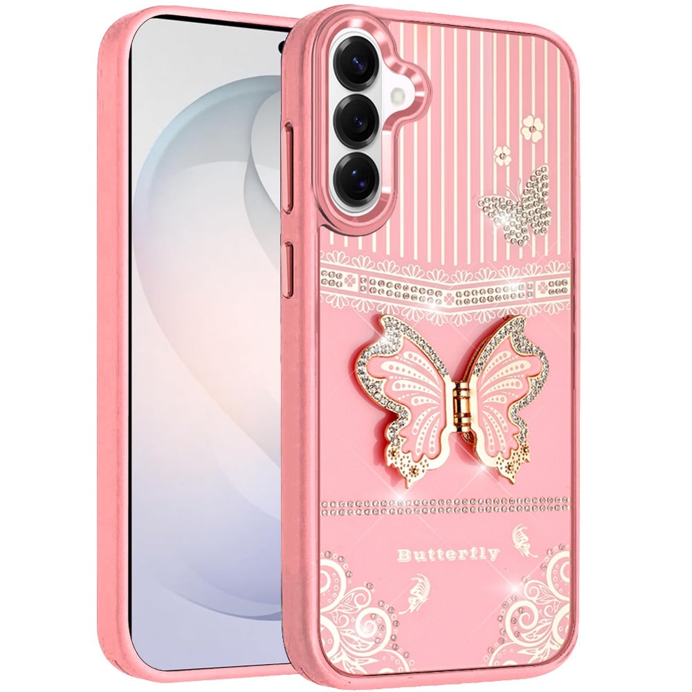 Phone Case for Samsung Galaxy S26 FE /Fan Edition Glitter Bling Butterfly Stand Metallic Edge Hybrid Shockproof Grip Durable Camera Protection Stylish Design Cover