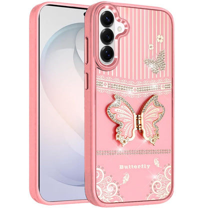 Phone Case for Samsung Galaxy S26 FE /Fan Edition Glitter Bling Butterfly Stand Metallic Edge Hybrid Shockproof Grip Durable Camera Protection Stylish Design Cover