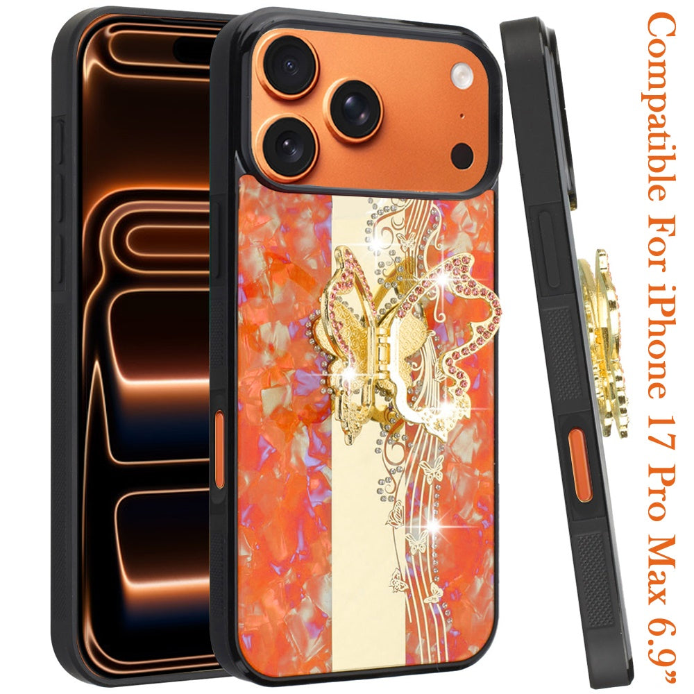 Phone Case for Apple iPhone 17 Pro Max Diamond 3D Fashion Floral Glitter Engraved Luxury Bling Hybrid Shockproof Chrome Edge Protective Grip Cover Enchanted Butterfly Cosmic Orange