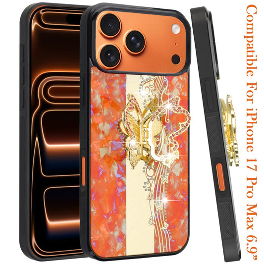 Phone Case for Apple iPhone 17 Pro Max Diamond 3D Fashion Floral Glitter Engraved Luxury Bling Hybrid Shockproof Chrome Edge Protective Grip Cover Enchanted Butterfly Cosmic Orange