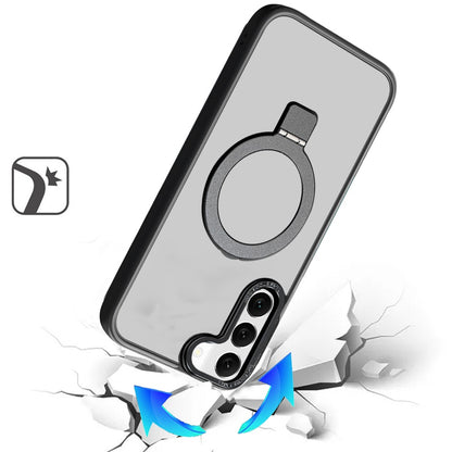 Phone Case for Samsung Galaxy S22+ / S22 Plus Metal Chrome Magnetic Circle Kickstand Shockproof Matching Camera Protector Durable Grip Hybrid Armor Cover Black
