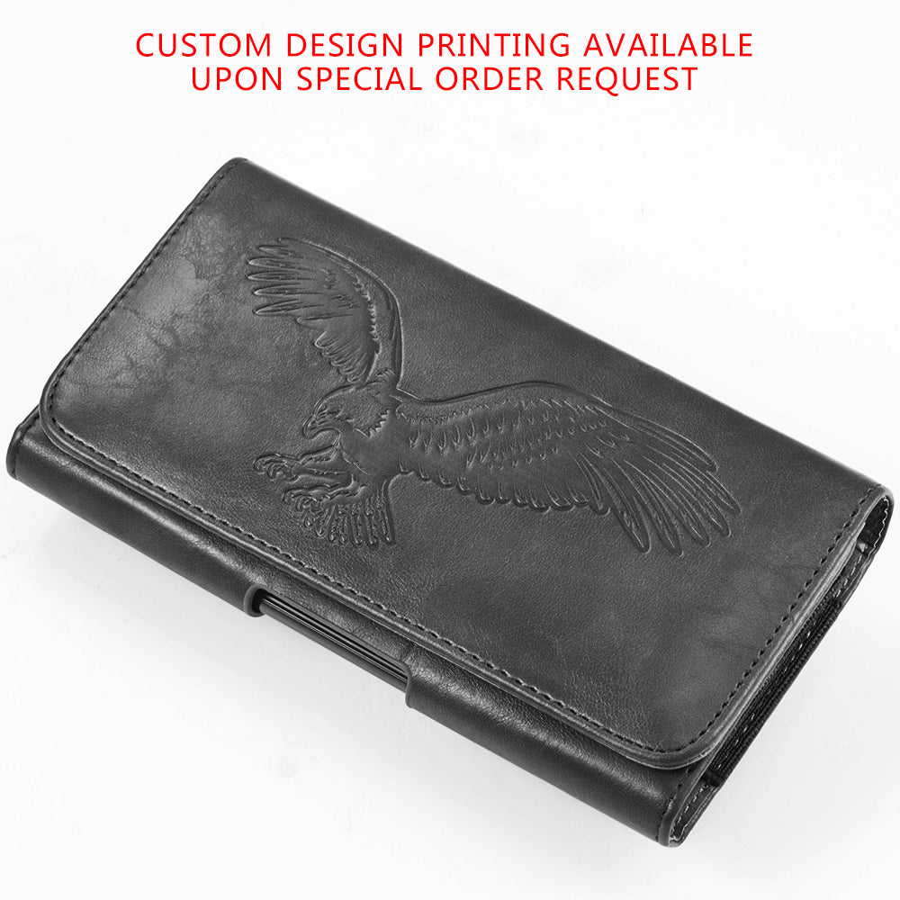 For Apple iPhone 16 Pro (6.3") Universal Horizontal Leather Phone Case with Embossed American Eagle Pouch Belt Clip Holster & Magnetic Pouch [Black]